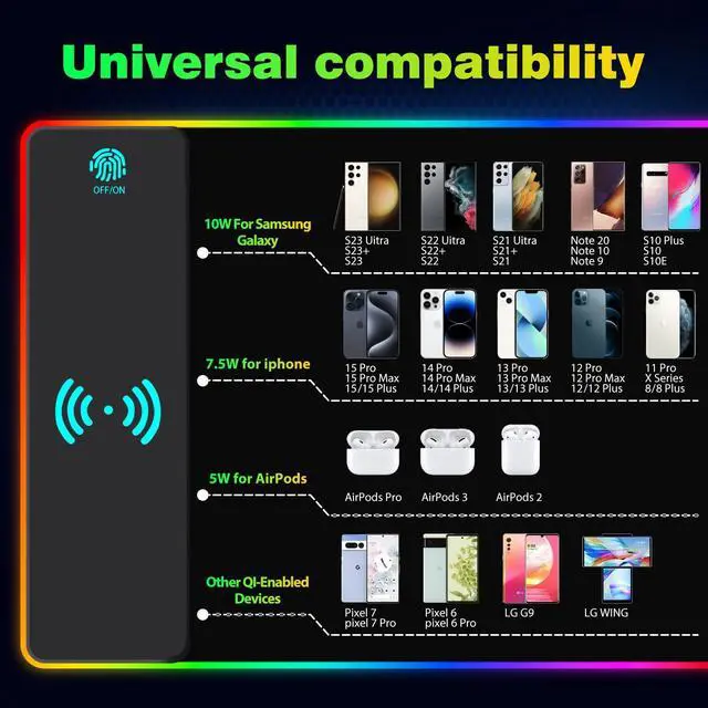 Alt view image 5 of 7 - KEHIPI Wireless Charging RGB Gaming Mouse Pad 15W, Extended LED Desk Mat Protector 800x300x4MM, 14 Light Modes Extra Large Mousepad Non-Slip Rubber Base Desk Mat, Cool Black