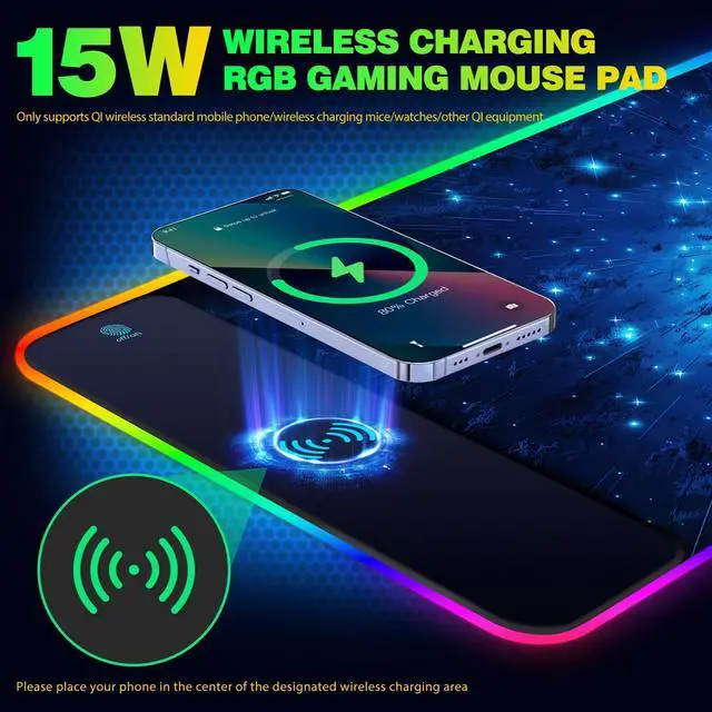 Alt view image 2 of 7 - KEHIPI RGB Gaming Mouse Pad with Wireless Charging, Large Keyboard Mouse Pad with 14 LED Light Modes, Non-Slip Rubber Base Waterproof Desk Pad for Home Office Decor, Blue Meteor Starry Sky