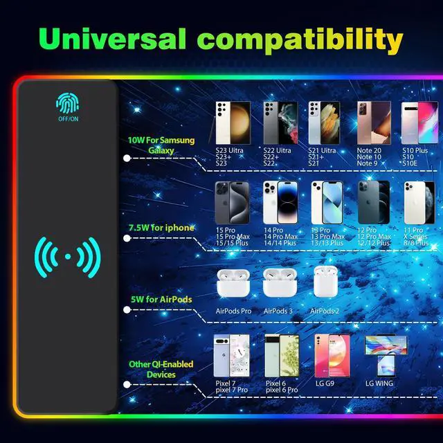 Alt view image 6 of 7 - KEHIPI RGB Gaming Mouse Pad with Wireless Charging, Large Keyboard Mouse Pad with 14 LED Light Modes, Non-Slip Rubber Base Waterproof Desk Pad for Home Office Decor, Blue Meteor Starry Sky