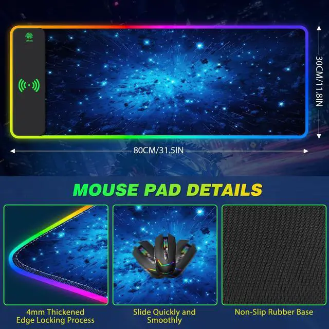 Alt view image 7 of 7 - KEHIPI RGB Gaming Mouse Pad with Wireless Charging, Large Keyboard Mouse Pad with 14 LED Light Modes, Non-Slip Rubber Base Waterproof Desk Pad for Home Office Decor, Blue Meteor Starry Sky