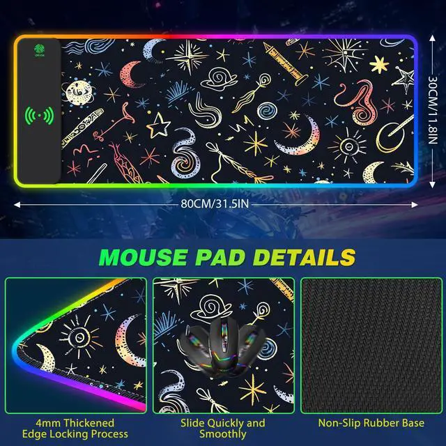 Alt view image 7 of 7 - KEHIPI RGB Gaming Mouse Pad with Wireless Charging, Large Keyboard Mouse Pad with 14 LED Light Modes, Non-Slip Rubber Base Waterproof Desk Pad for Home Office Decor, Abstract Moon Stars