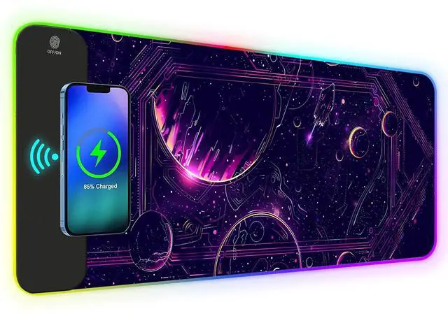 Main image of KEHIPI RGB Gaming Mouse Pad with Wireless Charging, Large Keyboard Mouse Pad with 14 LED Light Modes, Non-Slip Rubber Base Waterproof Desk Pad for Home Office Decor, Purple Planet