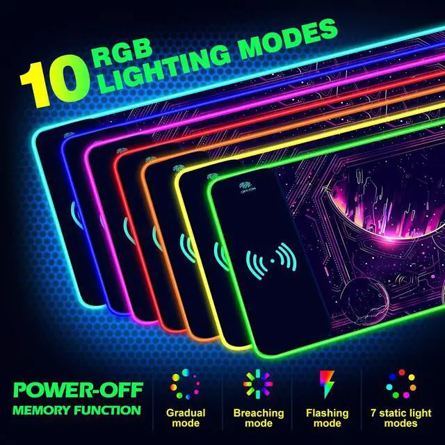 Alt view image 2 of 7 - KEHIPI RGB Gaming Mouse Pad with Wireless Charging, Large Keyboard Mouse Pad with 14 LED Light Modes, Non-Slip Rubber Base Waterproof Desk Pad for Home Office Decor, Purple Planet
