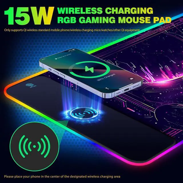 Alt view image 3 of 7 - KEHIPI RGB Gaming Mouse Pad with Wireless Charging, Large Keyboard Mouse Pad with 14 LED Light Modes, Non-Slip Rubber Base Waterproof Desk Pad for Home Office Decor, Purple Planet