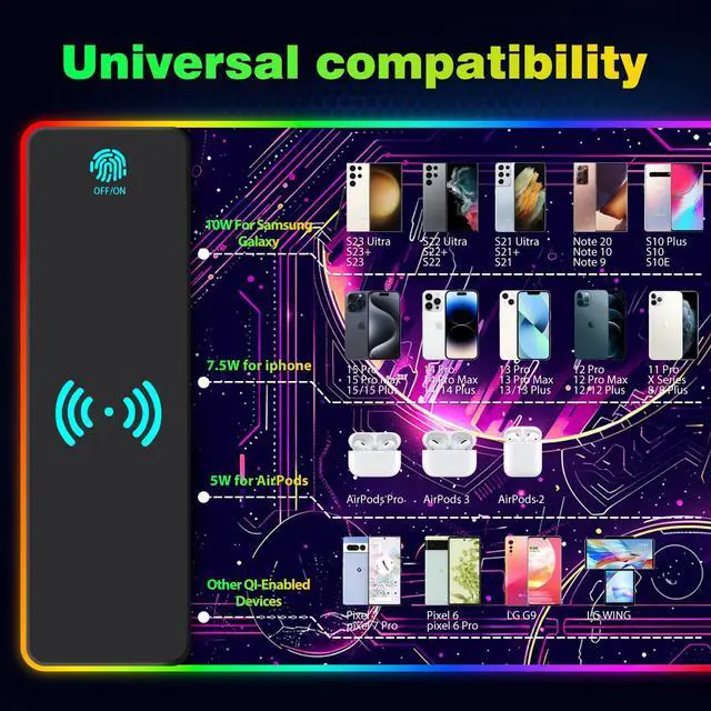 Alt view image 5 of 7 - KEHIPI RGB Gaming Mouse Pad with Wireless Charging, Large Keyboard Mouse Pad with 14 LED Light Modes, Non-Slip Rubber Base Waterproof Desk Pad for Home Office Decor, Purple Planet