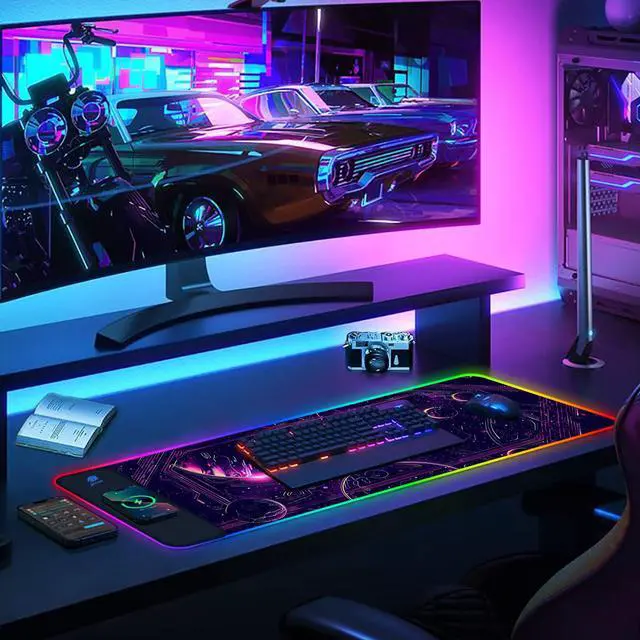 Alt view image 7 of 7 - KEHIPI RGB Gaming Mouse Pad with Wireless Charging, Large Keyboard Mouse Pad with 14 LED Light Modes, Non-Slip Rubber Base Waterproof Desk Pad for Home Office Decor, Purple Planet