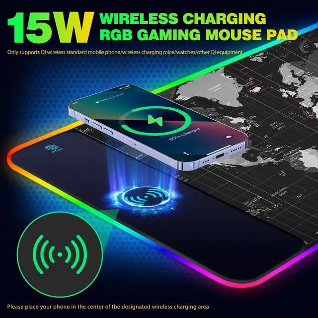Alt view image 3 of 7 - KEHIPI Wireless Charging RGB Gaming Mouse Pad 15W, Extended LED Desk Mat Protector 800x300x4MM, 14 Light Modes Extra Large Mousepad Non-Slip Rubber Base Desk Mat, Black World Map