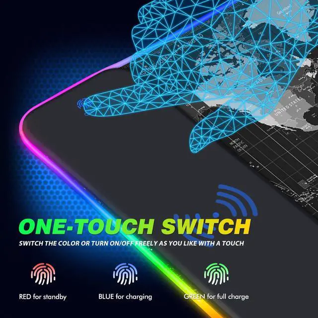 Alt view image 4 of 7 - KEHIPI Wireless Charging RGB Gaming Mouse Pad 15W, Extended LED Desk Mat Protector 800x300x4MM, 14 Light Modes Extra Large Mousepad Non-Slip Rubber Base Desk Mat, Black World Map