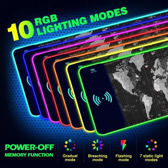 Alt view image 2 of 7 - KEHIPI Wireless Charging RGB Gaming Mouse Pad 15W, Extended LED Desk Mat Protector 800x300x4MM, 14 Light Modes Extra Large Mousepad Non-Slip Rubber Base Desk Mat, Black World Map