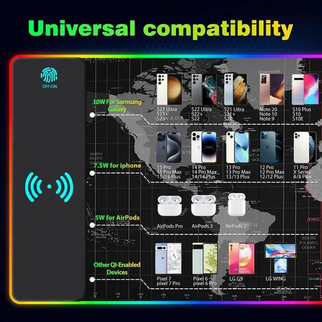 Alt view image 5 of 7 - KEHIPI Wireless Charging RGB Gaming Mouse Pad 15W, Extended LED Desk Mat Protector 800x300x4MM, 14 Light Modes Extra Large Mousepad Non-Slip Rubber Base Desk Mat, Black World Map