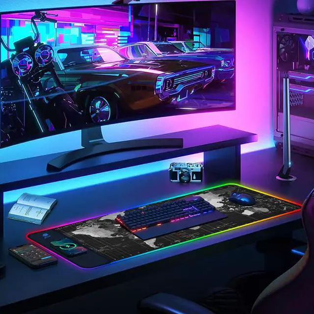 Alt view image 6 of 7 - KEHIPI Wireless Charging RGB Gaming Mouse Pad 15W, Extended LED Desk Mat Protector 800x300x4MM, 14 Light Modes Extra Large Mousepad Non-Slip Rubber Base Desk Mat, Black World Map