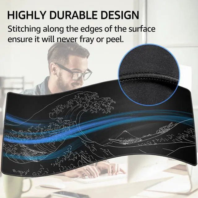 Alt view image 3 of 6 - KEHIPI Large Gaming Mouse Pad with Stitched Edges, Extended Mousepad with Superior Micro-Weave Cloth, Non-Slip Base, Water Resist Keyboard Pad for Gamer, Office & Home, 31.5x15.7in, Kanagawa Wave