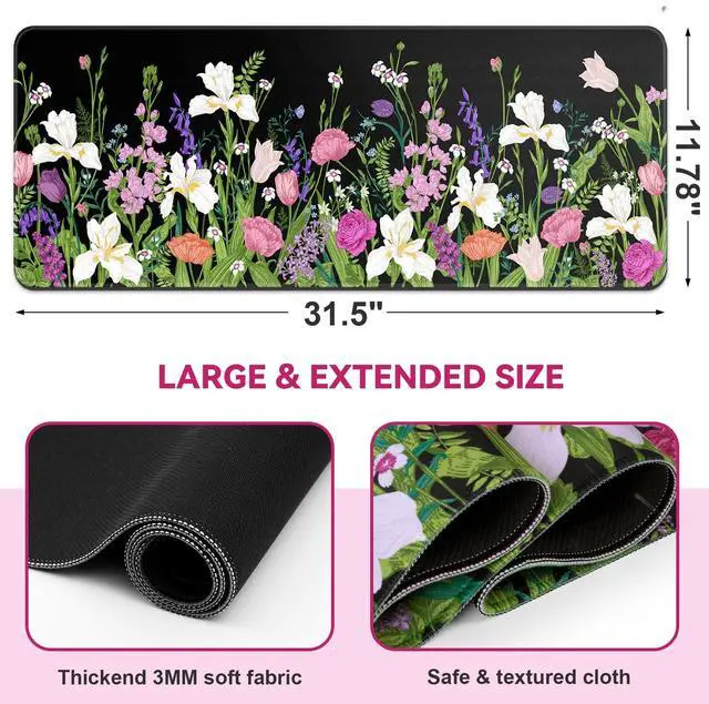 Alt view image 2 of 7 - KEHIPI Large Gaming Mouse Pad Keyboard Pad 31.5 x 11.8 in Gaming Pad Black Mouse Pad with Anti-Slip Rubber Base, Extended Mouse Mat XL Mouse Pad Large Mouse Mat(Flower)