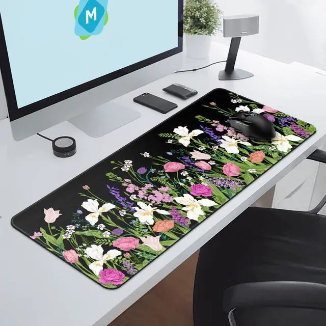 Alt view image 3 of 7 - KEHIPI Large Gaming Mouse Pad Keyboard Pad 31.5 x 11.8 in Gaming Pad Black Mouse Pad with Anti-Slip Rubber Base, Extended Mouse Mat XL Mouse Pad Large Mouse Mat(Flower)