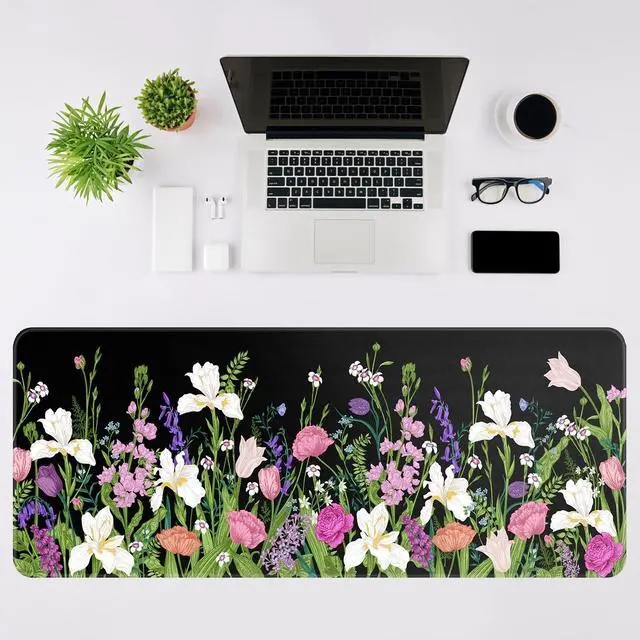 Alt view image 4 of 7 - KEHIPI Large Gaming Mouse Pad Keyboard Pad 31.5 x 11.8 in Gaming Pad Black Mouse Pad with Anti-Slip Rubber Base, Extended Mouse Mat XL Mouse Pad Large Mouse Mat(Flower)