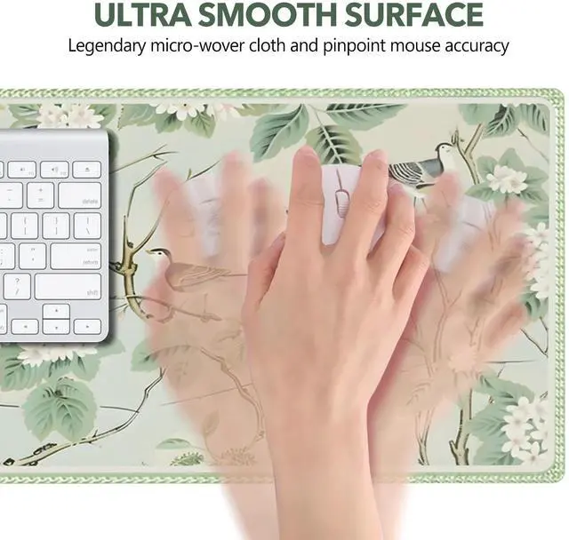 Alt view image 3 of 7 - KEHIPI Large Gaming Mouse Pad with Stitched Edge, Non-Slip Base Desk mat for Laptop, Extended Desk Mousepad Keyboard Pad for Office, Home, 35 x 15.7 in,Green Leaf Bird