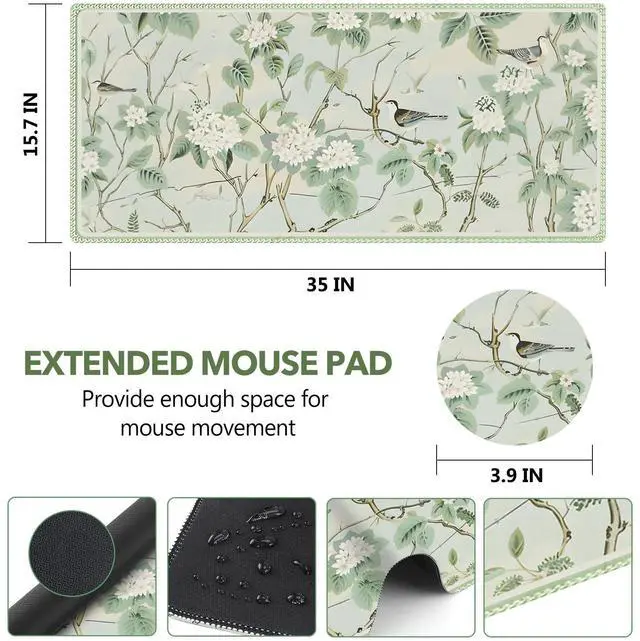 Alt view image 6 of 7 - KEHIPI Large Gaming Mouse Pad with Stitched Edge, Non-Slip Base Desk mat for Laptop, Extended Desk Mousepad Keyboard Pad for Office, Home, 35 x 15.7 in,Green Leaf Bird