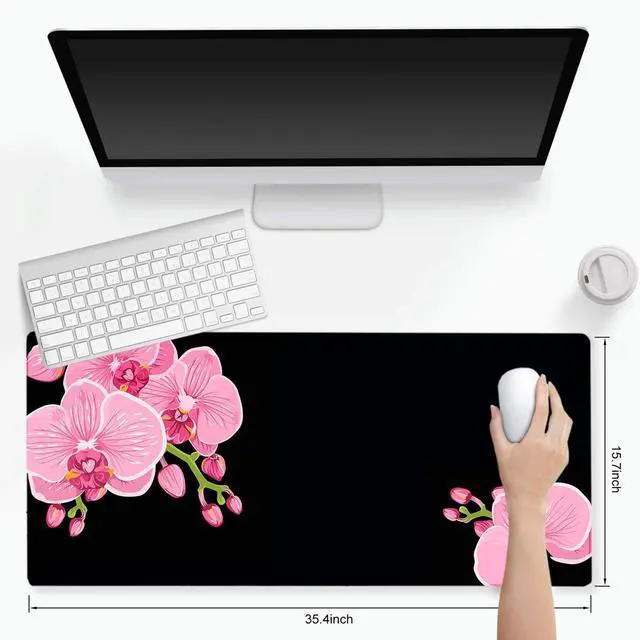 Alt view image 2 of 7 - KEHIPI Extended Gaming Mouse Pad Mat- Large Desk Mat Non-Slip Rubber Base Computer Desktop Laptop Keyboard Mouse Mat Stitched Edges, 35.1x15.75 in XXL Waterproof Mousepad for Work & Game, Pink Peony