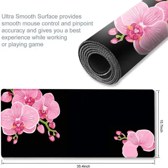 Alt view image 3 of 7 - KEHIPI Extended Gaming Mouse Pad Mat- Large Desk Mat Non-Slip Rubber Base Computer Desktop Laptop Keyboard Mouse Mat Stitched Edges, 35.1x15.75 in XXL Waterproof Mousepad for Work & Game, Pink Peony