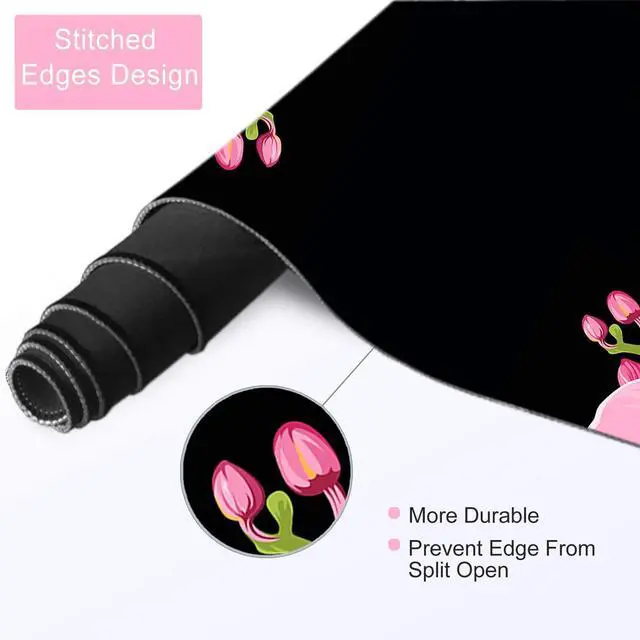 Alt view image 4 of 7 - KEHIPI Extended Gaming Mouse Pad Mat- Large Desk Mat Non-Slip Rubber Base Computer Desktop Laptop Keyboard Mouse Mat Stitched Edges, 35.1x15.75 in XXL Waterproof Mousepad for Work & Game, Pink Peony