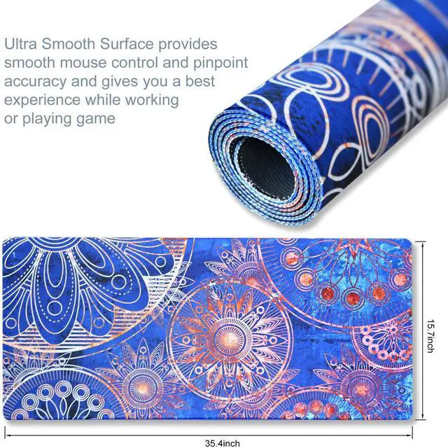 Alt view image 3 of 7 - KEHIPI Extended Gaming Mouse Pad Mat- Large Desk Mat Non-Slip Rubber Base Computer Desktop Laptop Keyboard Mouse Mat Stitched Edges, 35.1x15.75 in XXL Waterproof Mousepad for Work & Game, Mandala