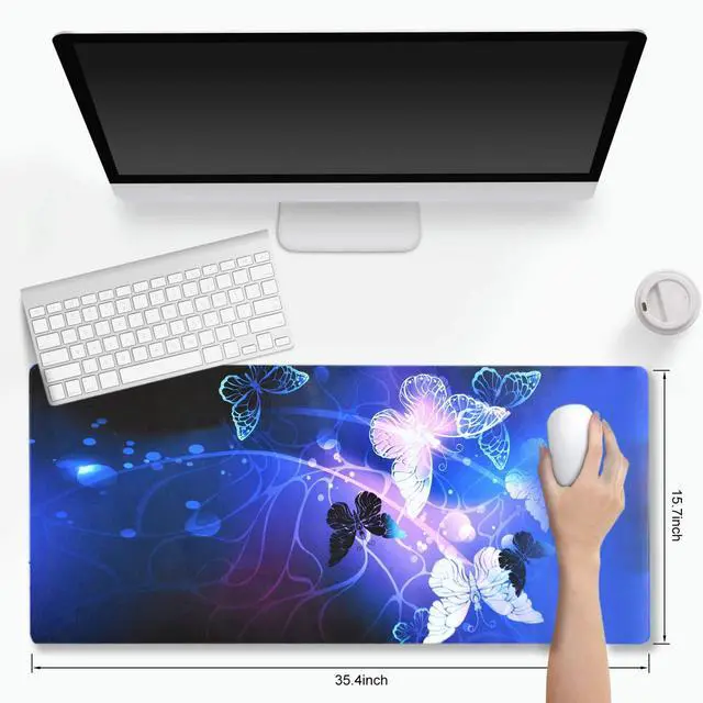 Alt view image 2 of 7 - KEHIPI Extended Gaming Mouse Pad Mat Large Desk Mat Non Slip Rubber Base Computer Desktop Laptop Keyboard Mouse Mat Stitched Edges, 35.1x15.75 inch XXL Waterproof Mousepad for Work Game, Butterfly
