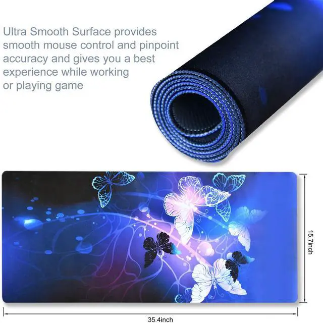 Alt view image 3 of 7 - KEHIPI Extended Gaming Mouse Pad Mat Large Desk Mat Non Slip Rubber Base Computer Desktop Laptop Keyboard Mouse Mat Stitched Edges, 35.1x15.75 inch XXL Waterproof Mousepad for Work Game, Butterfly