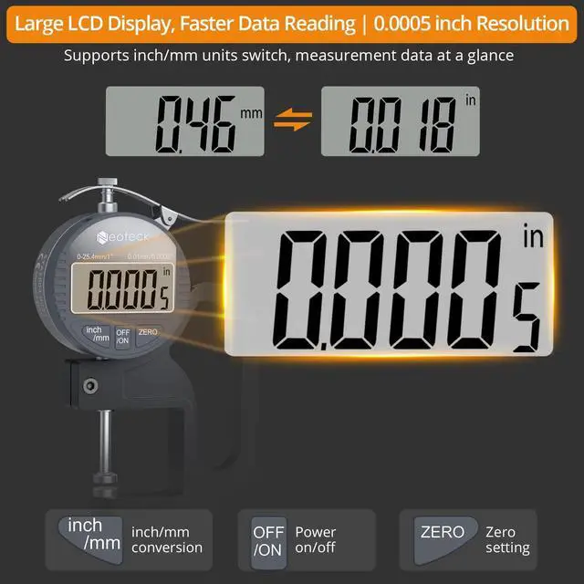 Alt view image 3 of 7 - KEHIPI Digital Thickness Gauge 1inch/25.4mm,0.0005inch/0.01mm LCD Display with Inch/MM Conversion One-Hand Quick Press Thickness Measuring Tool for Measuring Leather Paper Fabric Film etc.-Silver