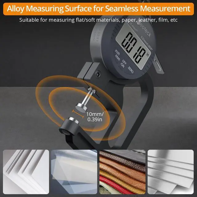 Alt view image 4 of 7 - KEHIPI Digital Thickness Gauge 1inch/25.4mm,0.0005inch/0.01mm LCD Display with Inch/MM Conversion One-Hand Quick Press Thickness Measuring Tool for Measuring Leather Paper Fabric Film etc.-Silver