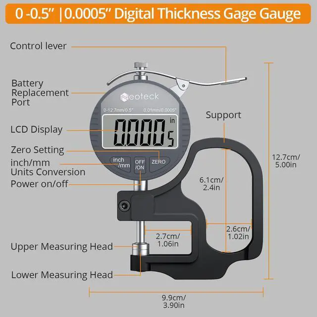 Alt view image 6 of 7 - KEHIPI Digital Thickness Gauge 1inch/25.4mm,0.0005inch/0.01mm LCD Display with Inch/MM Conversion One-Hand Quick Press Thickness Measuring Tool for Measuring Leather Paper Fabric Film etc.-Silver