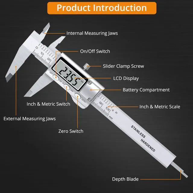 Alt view image 6 of 6 - KEHIPI 4 inch/100mm Digital Caliper, Stainless Steel Electronic Calipers Measuring Tool inch/mm Conversion, Large LCD Screen