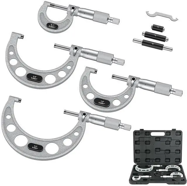 Main image of KEHIPI Outside Micrometer Set, 4 Pcs Machinist Tool Set(0-1'' 1-2'' 2-3'' 3-4''), 0.0001" Graduation Micrometer Set, Alloy Precision Micrometer, Micrometer Standard Set with Case - Grey