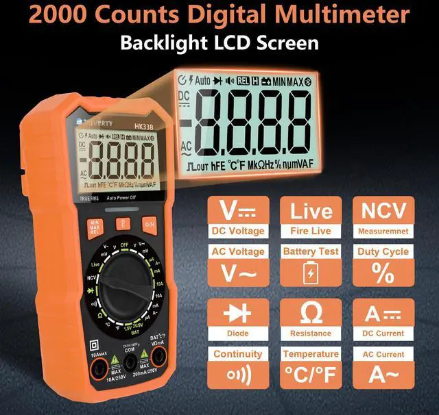 Alt view image 2 of 7 - KEHIPI Multimeter Tester 2000 Counts Digital Multimeter with DC AC Voltmeter and Ohm Volt Amp Meter, Tests Live Wire, Continuity, Temperature, Diode Measuring and NCV - HK33B