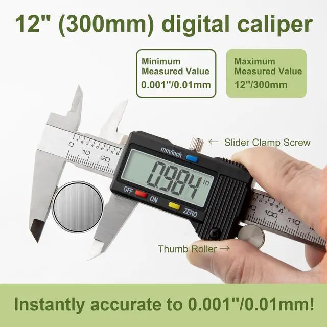 Alt view image 2 of 7 - KEHIPI Digital Caliper 0-12" Measuring Tool with Metal Ruler, Micrometer Caliper with Auto-Off Feature, Interchangeable Between inches and millimeters for DIY/Household and 3D Printing, Black