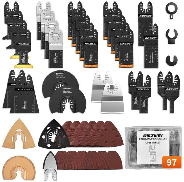 Main image of KEHIPI 97Pcs Oscillating Tool Blade, Titanium Multitool Blades with Case, Sandpaper for Grout Removal, Wood, Metal, Plastic, Oscillating Saw Blades Compatible with Dewalt Ryobi Milwaukee Rockwell
