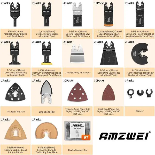 Alt view image 2 of 7 - KEHIPI 97Pcs Oscillating Tool Blade, Titanium Multitool Blades with Case, Sandpaper for Grout Removal, Wood, Metal, Plastic, Oscillating Saw Blades Compatible with Dewalt Ryobi Milwaukee Rockwell