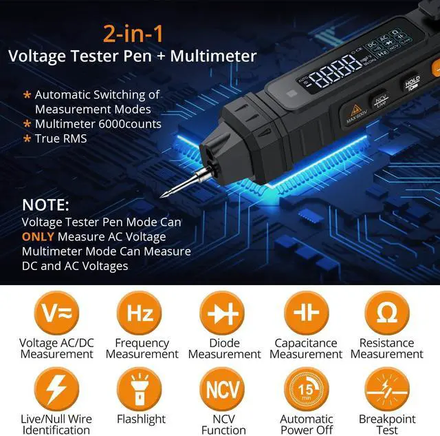 Alt view image 2 of 7 - KEHIPI 2 in 1 Pen Type Digital Multimeter Non-Contact Voltage Tester 6000 Counts Intelligent Multimeter with LCD Display for AC/DC Voltage Resistance Diode Continuity Capacitance Frequency