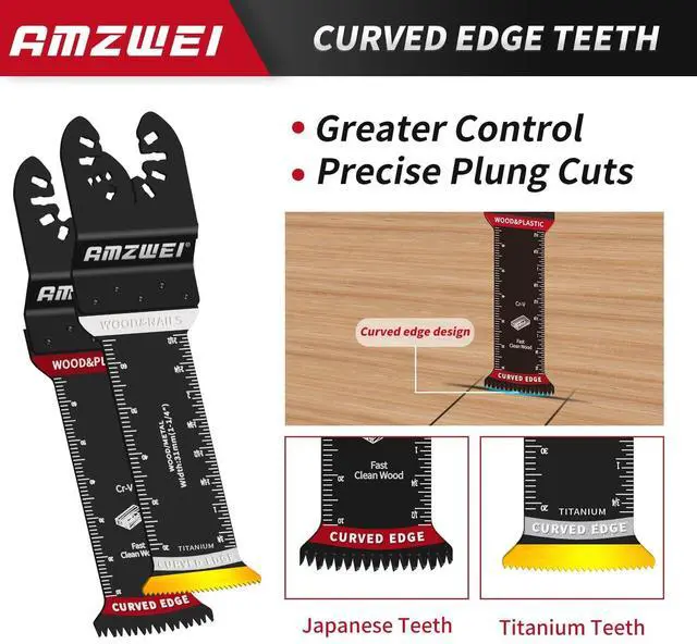 Alt view image 3 of 7 - KEHIPI 20 Pcs Extra Long Titanium Oscillating Tool Blades & Japanese Teeth, Curved Edge Multitool Blades for Metal, Wood, Plastic, Oscillating Saw Blades Compatible with Dewalt Bosch Milwaukee Ryobi