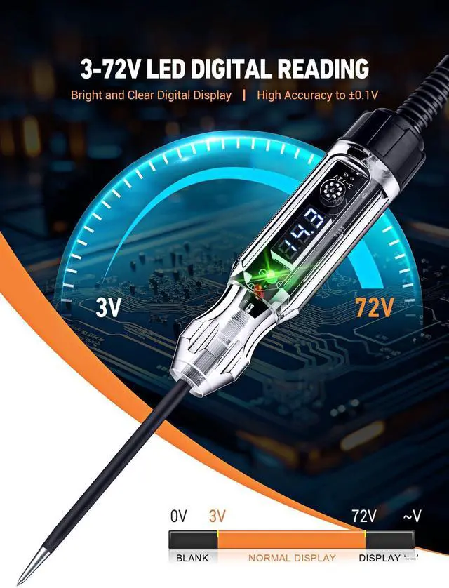 Alt view image 4 of 7 - KEHIPI Premium Automotive Buzzer Test Light, 3-72V DC Digital LED Circuit Tester, Light Tester with Voltmeter & Dual Color Polarity Indicate, Auto Bidirectional Voltage Tester Electric Test Pen