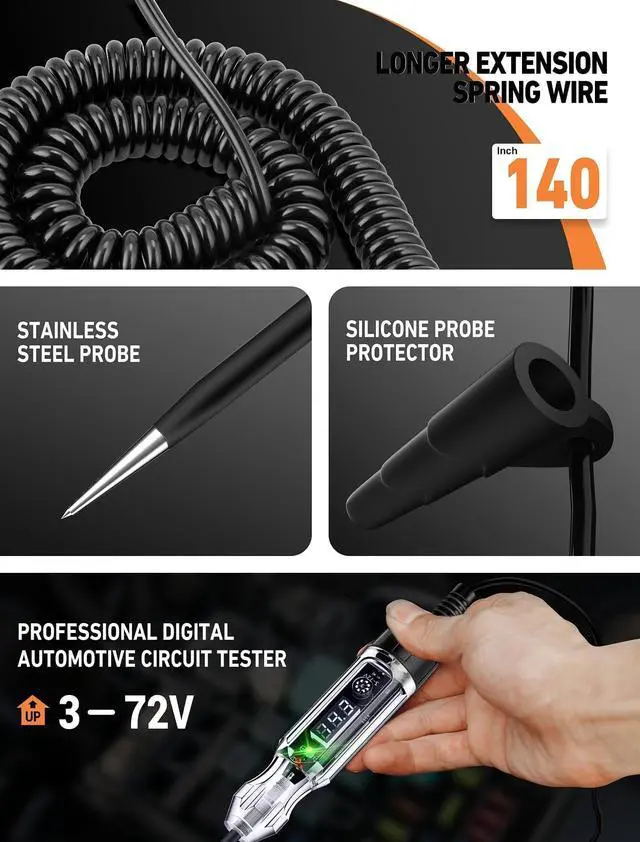 Alt view image 6 of 7 - KEHIPI Premium Automotive Buzzer Test Light, 3-72V DC Digital LED Circuit Tester, Light Tester with Voltmeter & Dual Color Polarity Indicate, Auto Bidirectional Voltage Tester Electric Test Pen