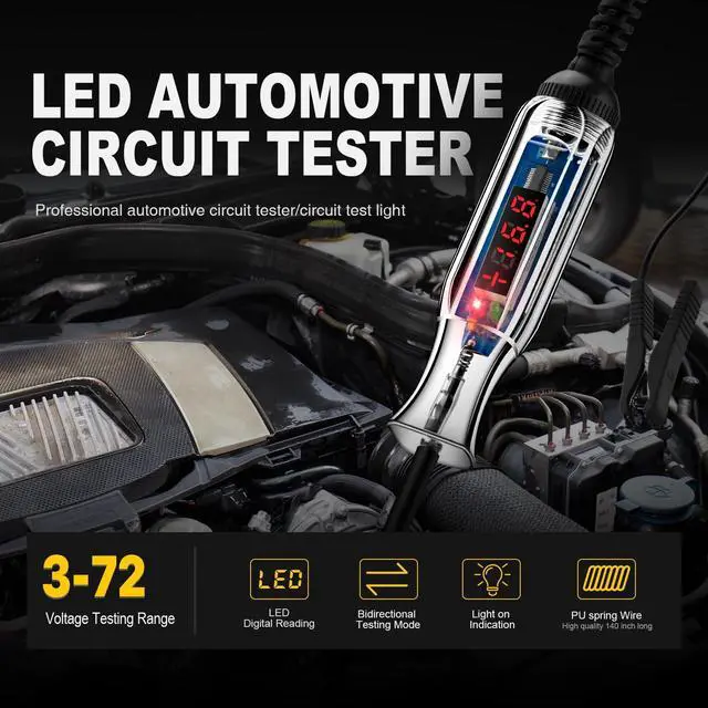 Alt view image 2 of 7 - KEHIPI Upgraded 3-72V LED Digital Automotive Circuit Tester, DC Voltage Test Light with Voltmeter & Polarity Indicator Light, Vehicle Circuits Low Voltage Light Tester Pen with Sharp Stainless Probe