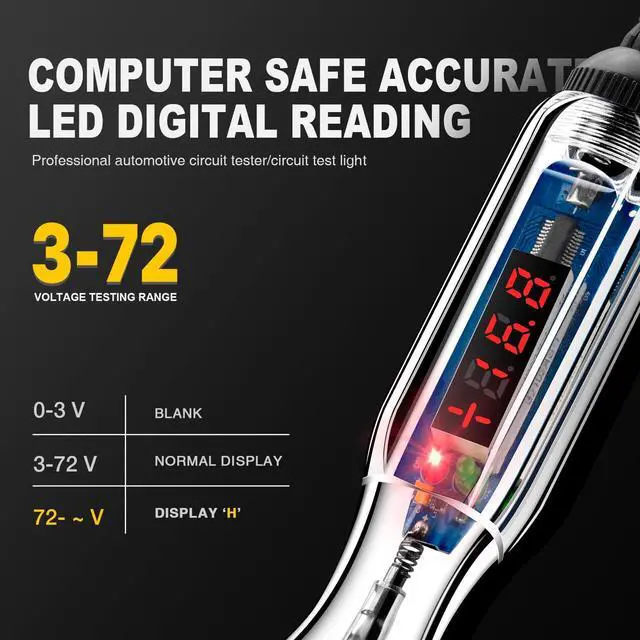 Alt view image 3 of 7 - KEHIPI Upgraded 3-72V LED Digital Automotive Circuit Tester, DC Voltage Test Light with Voltmeter & Polarity Indicator Light, Vehicle Circuits Low Voltage Light Tester Pen with Sharp Stainless Probe