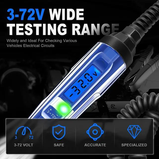Alt view image 2 of 7 - KEHIPI Upgraded 3-72V Automotive Circuit Tester with Voltmeter, Heavy Duty LCD Backlight Display Test Light with 140 Inch Extended Wire & Illumination, Bidirectional DC Voltage Tester Electric Light