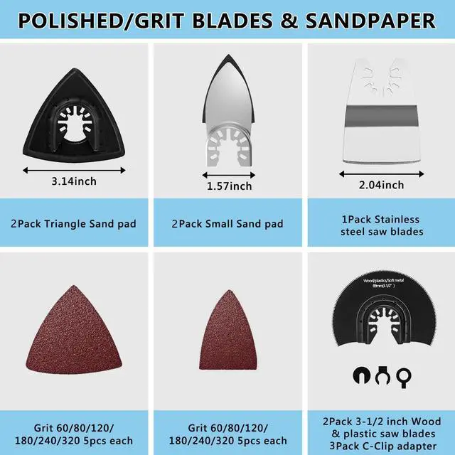 Alt view image 2 of 7 - KEHIPI 98Pcs Oscillating Saw Blades Kits Cutting for Wood Plastic Metal Multi Tool Blades Oscillating Tool Blades with Sanding Pads Sandpapers Kits Fit Dewalt Ryobi Milwaukee Rockwell Fein Makita