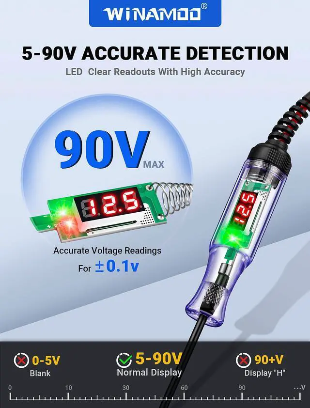 Alt view image 2 of 7 - KEHIPI Test Light Automotive 5-90V Digital LED Circuit Tester with Voltage Display, Auto Bidirectional Voltage Tester, Electric Test Pen with Extended Spring Wire & Probe for Car RV Fuse Checker