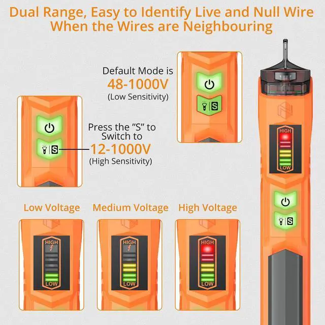 Alt view image 3 of 7 - KEHIPI Voltage Tester/Non Contact Voltage Tester 12-1000V/48V-1000 Adjustable Sensitivity AC Voltage Detector Tester Pen Live/Null Wire Tester with Indicator Lamp Buzzer Alarm Wire Breakpoint Finder