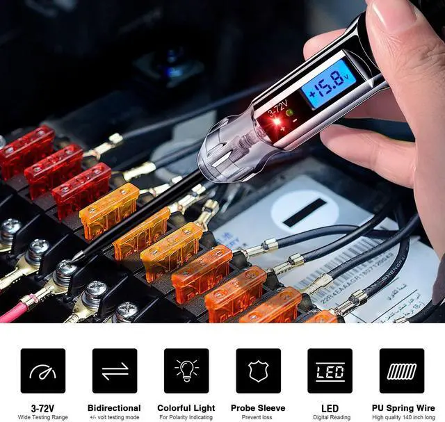 Alt view image 2 of 7 - KEHIPI Heavy Duty 3-72V Backlit Digital LCD Circuit Tester, Automotive Test Light with 140 Inch Extended Wire and 2 Polarity Indicate LED Lights, Car Truck Low DC Voltage & Light Tester with Stainless