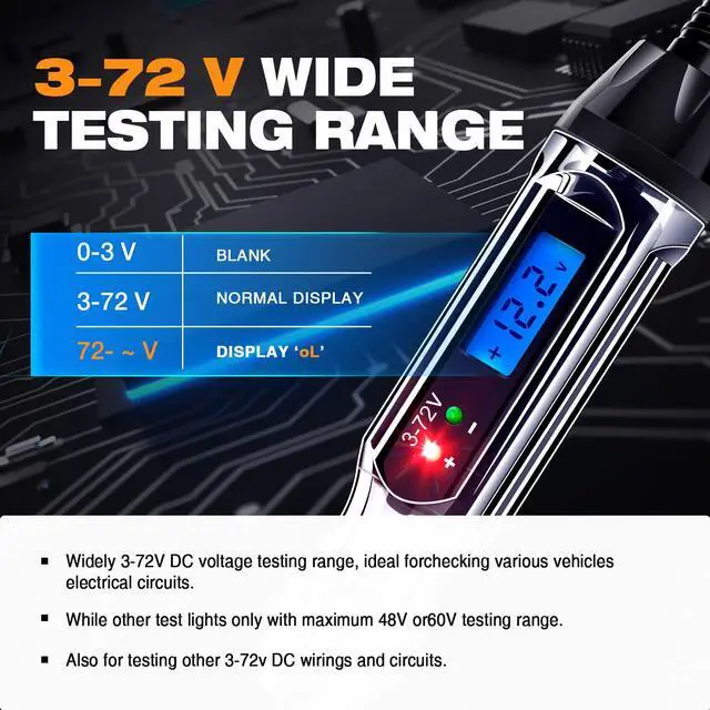 Alt view image 3 of 7 - KEHIPI Heavy Duty 3-72V Backlit Digital LCD Circuit Tester, Automotive Test Light with 140 Inch Extended Wire and 2 Polarity Indicate LED Lights, Car Truck Low DC Voltage & Light Tester with Stainless