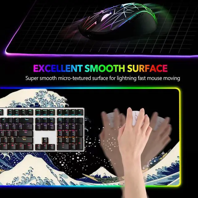 Alt view image 2 of 7 - KEHIPI RGB Gaming Mouse Pad Large, Keyboard Led Mousepad Extended 35.4 x 15.8 inch Non-Slip Rubber Base with 14 Lighting Modes, Big Desk Mat Waterproof, Big Waves