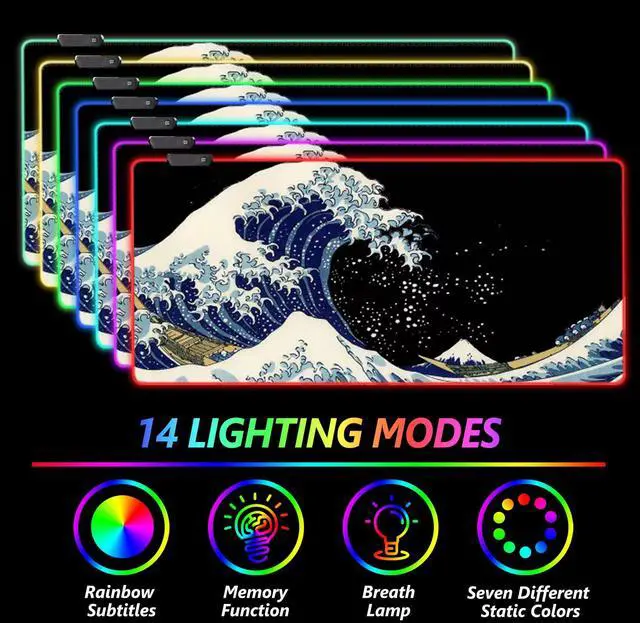 Alt view image 3 of 7 - KEHIPI RGB Gaming Mouse Pad Large, Keyboard Led Mousepad Extended 35.4 x 15.8 inch Non-Slip Rubber Base with 14 Lighting Modes, Big Desk Mat Waterproof, Big Waves